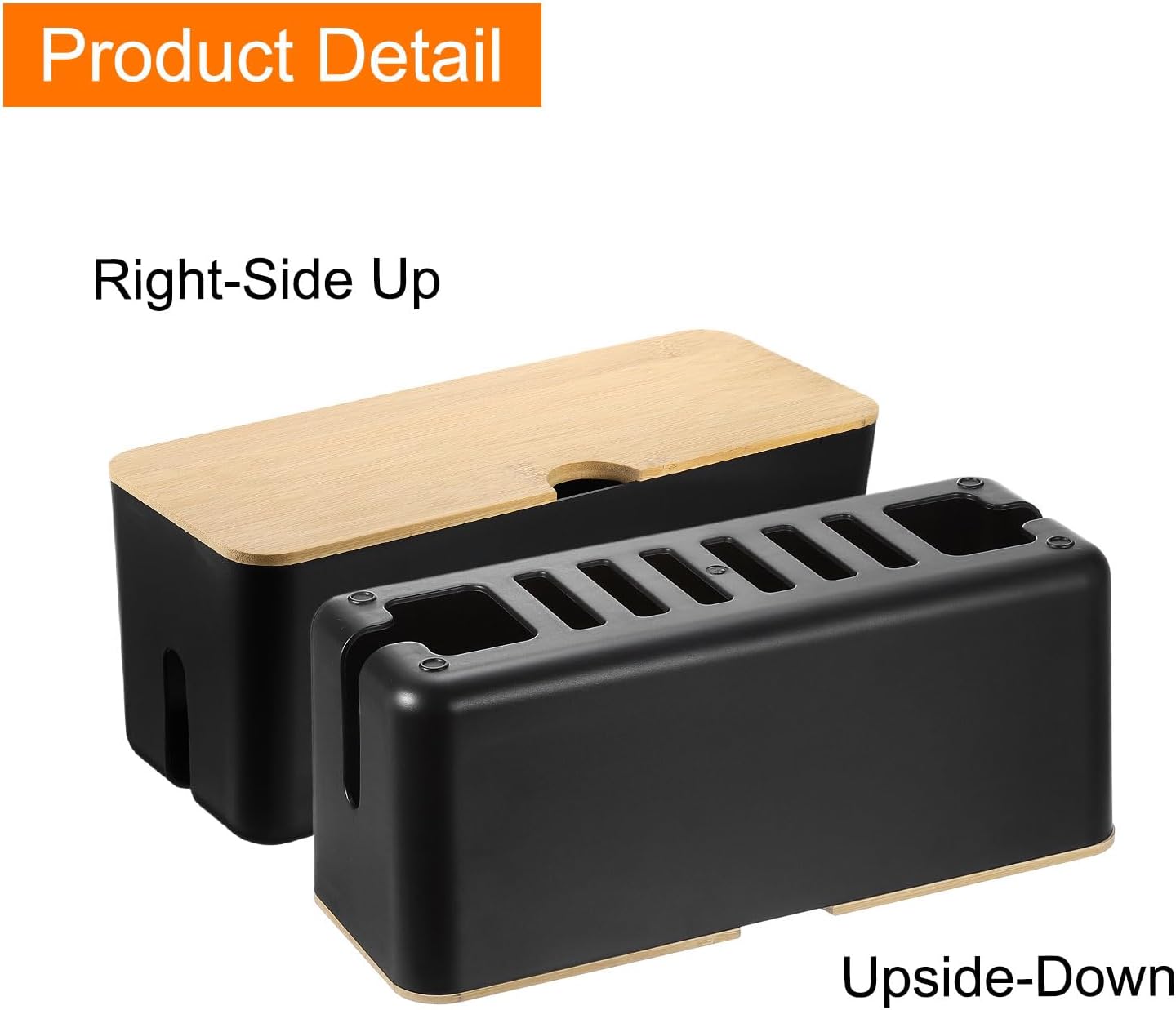 HARFINGTON Cable Management Box, Cord Organizer with Nylon Cable Reusable Ties for Home Office Desk, TV Computer Router Wires, Power Strips Hiding, Black, Wooden Lid