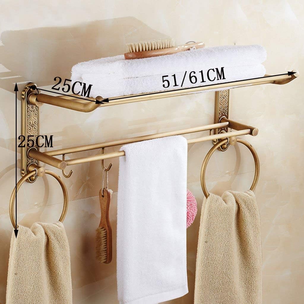 Copper Wire Drawing Bathroom Shelf Wall Hanging Double Layer Foldable Towel Rack Towel Towel Ring Storage Shelves (Size : 51 * 25 * 25CM) (51 * 25 * 25CM)