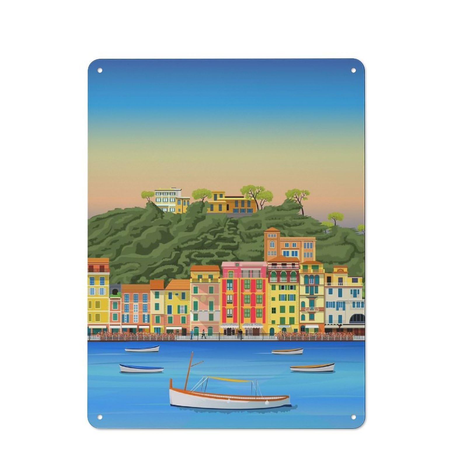 Junmoney Portofino Travel Print Metal Wall Decor Sign, Small Wall Accent For Seasonal Kitchen, Dining Room Or Entrance, 40X30cm