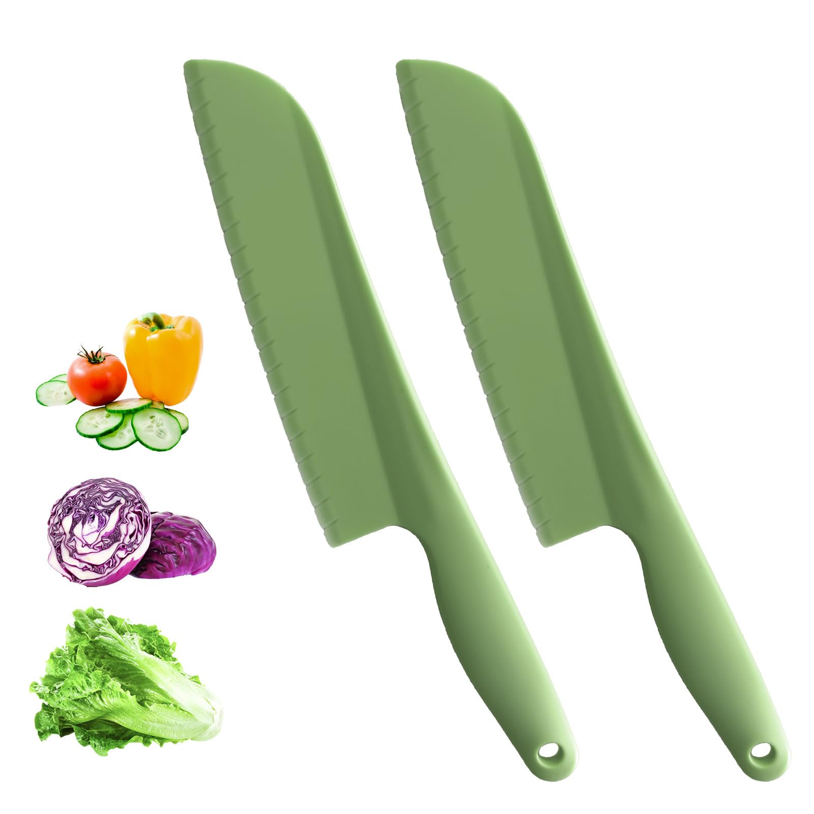 Lettuce Knife to Prevent Browning, 11" Plastic Knife for Cutting Veggies, Fruits, Cakes, Brownies, Bread, Dishwasher Safe (2, Green)