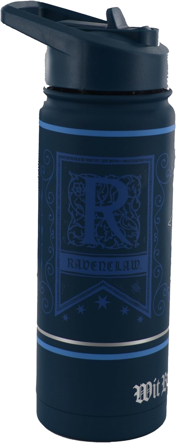 Licensed Harry Potter Ravenclaw 'Double Stainless Steel 304' Water Bottle with Embossed Logo in Blue & Wit Beyond Measures in Silver, Capacity 530ml (18oz), Storage 16 Hours hot and 12 Hours Cold