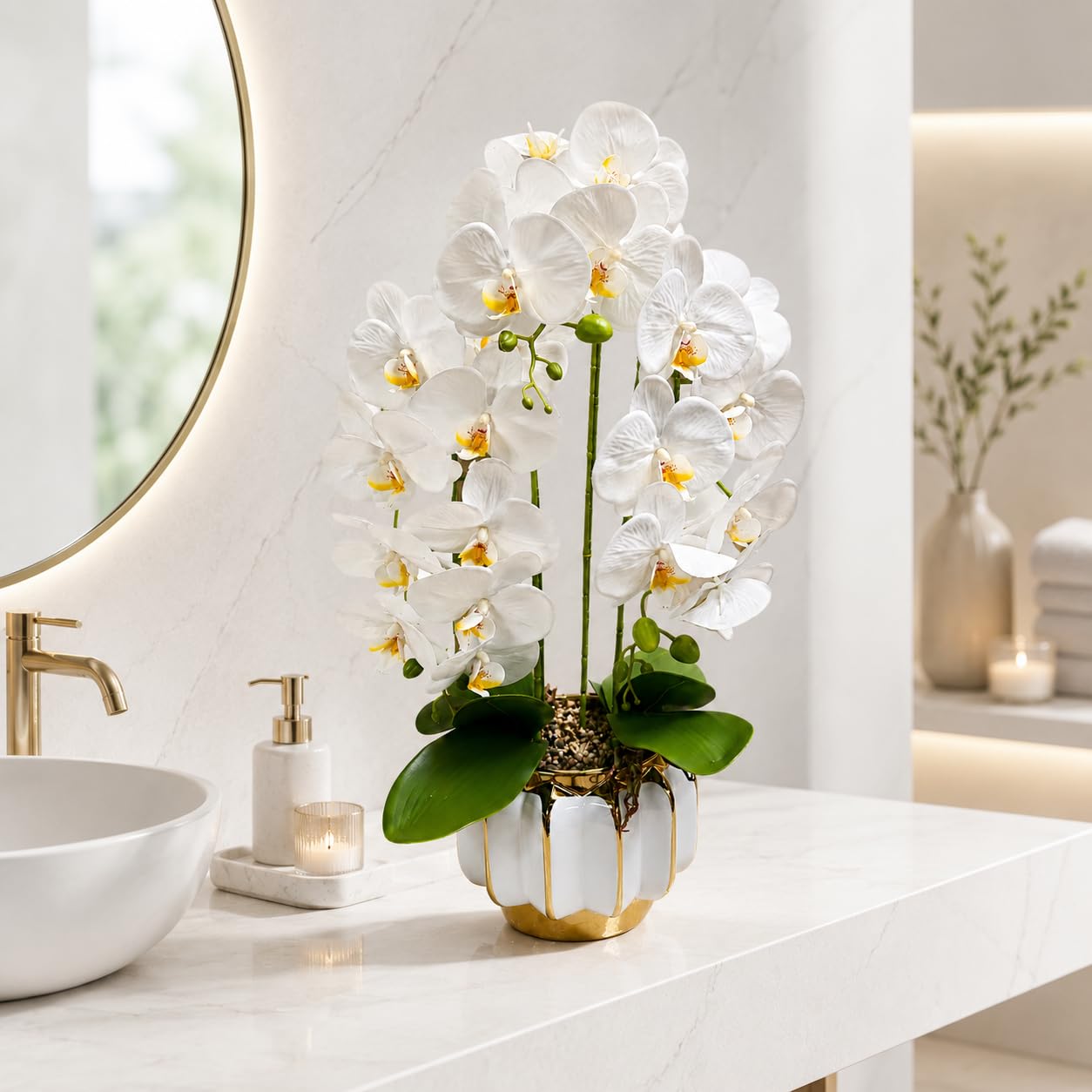 PASCH® XXL Orchideen künstlich in Hochglanz-Keramiktopf (72cm) | Kunstblumen im Topf | Kunstblumen wie echt | künstliche Orchideen im Topf | künstliche Blumen im Topf