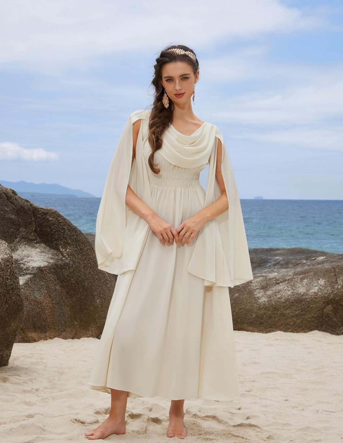 Scarlet Darkness Women Renaissance Dress Split Bell Sleeve Cowl Neck Peasant Medieval Dress - Image 3