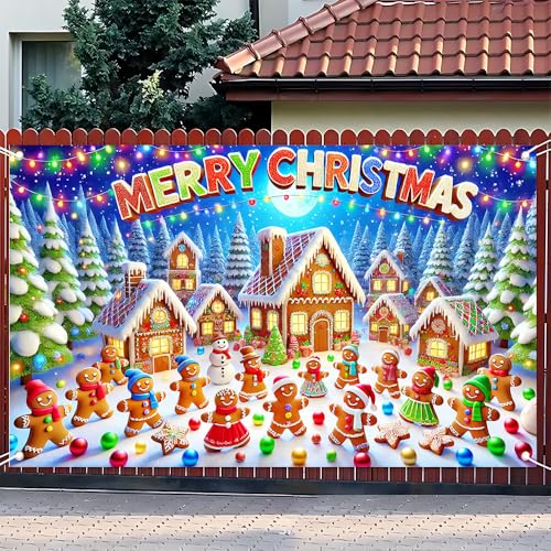 Image of Christmas Banner 71x43 Inch Gingerbread Village Snow Tree and Light String Scene Festive Holiday Backdrop Warm Seasonal Decoration for Indoor Outdoor Celebration Party Display