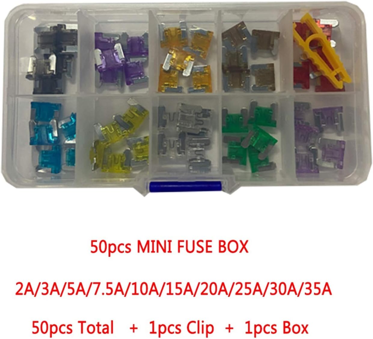 Fuses 1 Box Combination Car Fuse, 50/100PCS Assortment Set for Auto Blade Type Cars Fuses 2/3/5/7.5/10/15/20/25/30/35A with Box and Clip (Color : 50pcs mini Fuse)