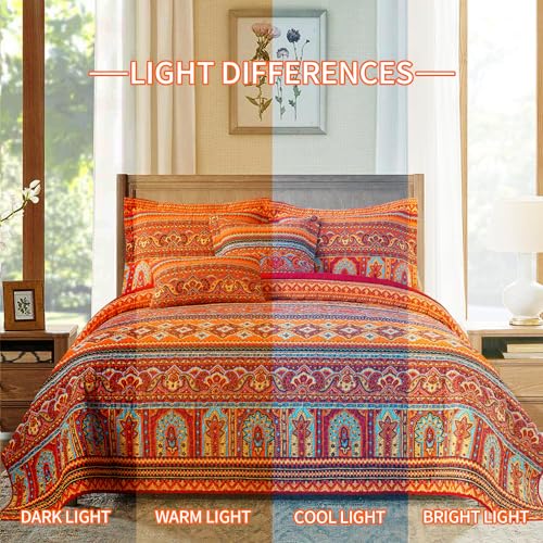 BEDIFANY Cotton King Size Quilt Set - Boho Lightweight King Bedspread - Colorful Orange Reversible Coverlets Quilt Bedding Sets - Oversized King Quilt Set for Bed Decorations for All Seasons, 3 Pieces
