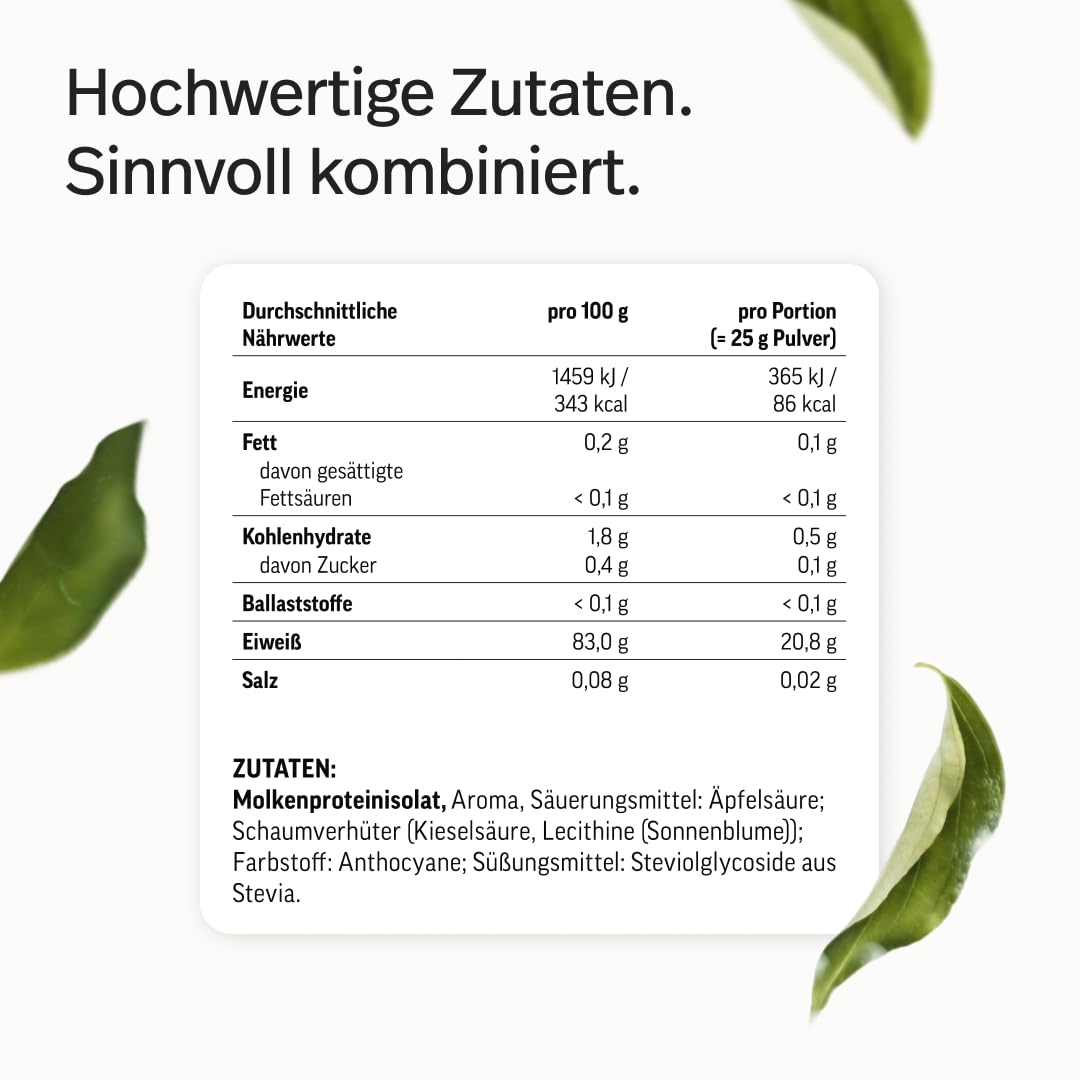 edubily® Clear Whey Isolat - Klarer Proteindrink - ca. 83% Proteingehalt - Laktosefrei - Fruchtige Geschmacksrichtungen (500 g, Himbeer-Limette)