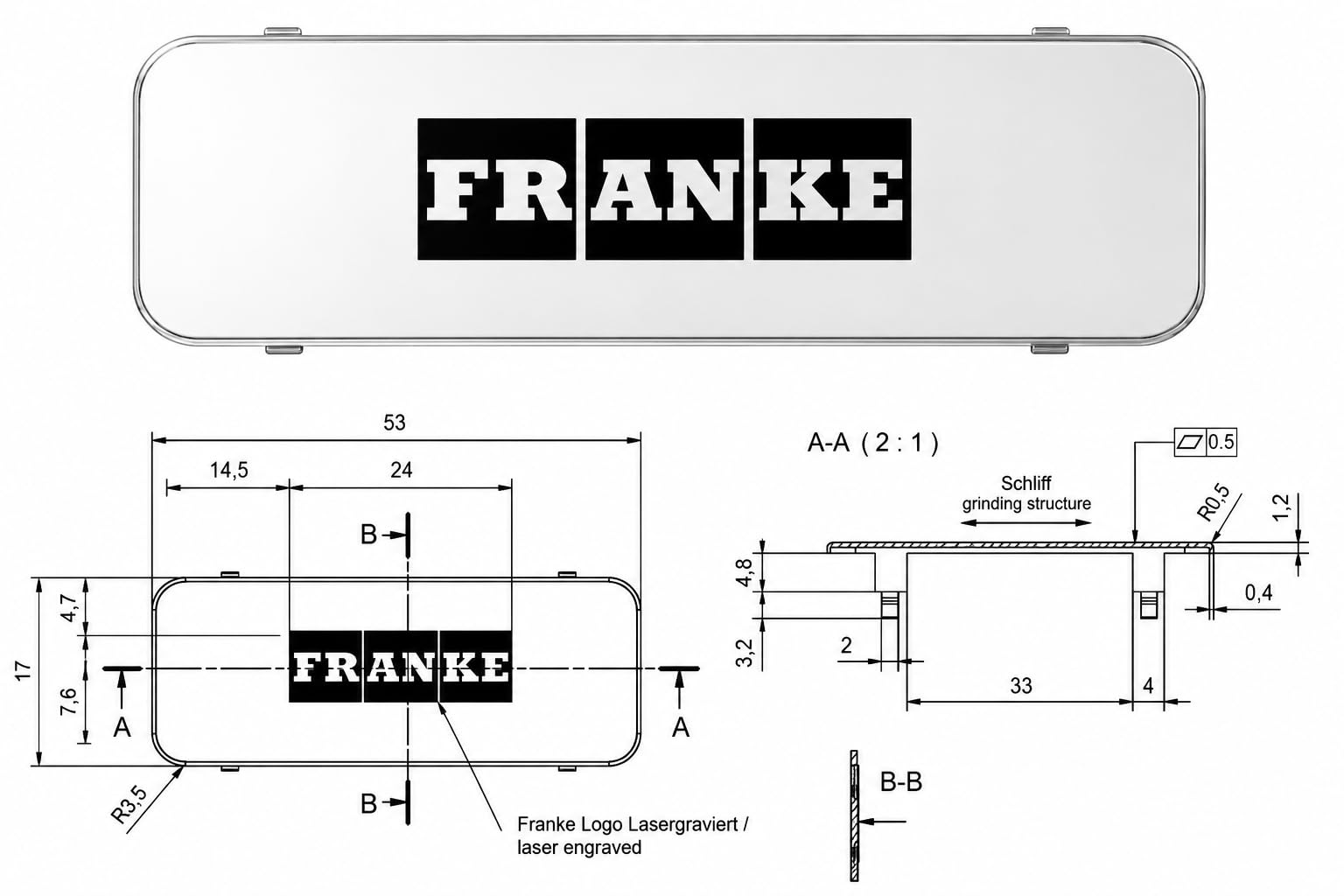 Franke Logo Plaque 133.0055.650 pour cachées trop-plein/überlaufblende