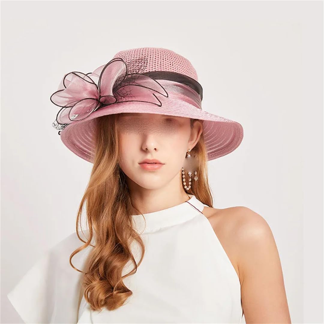 Yeuyyben Cappello estivo da donna in organza con fiore in rete, cappello estivo per vacanze e spiaggia, cappello da sole a tesa larga, cappello da sole Sombreros