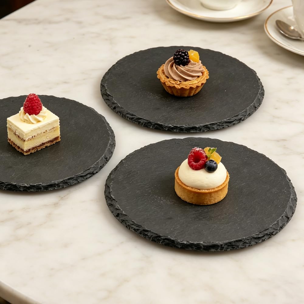 6 piatti in ardesia rotondi, 15 x 15 cm, piccoli, antiscivolo, per servire e scrivere, piatti per buffet, sushi e formaggio