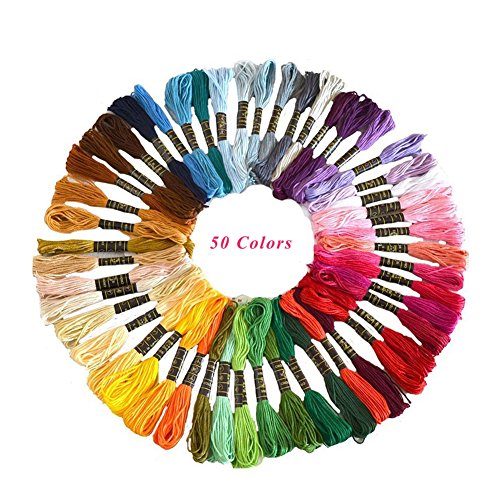 Hilos de punto de cruz SAIYU 50 Madejas Hilo de bordar de color arco iris Hilo de coser de bordado (50 piezas, multicolor, poliéster, 8.75yd)
