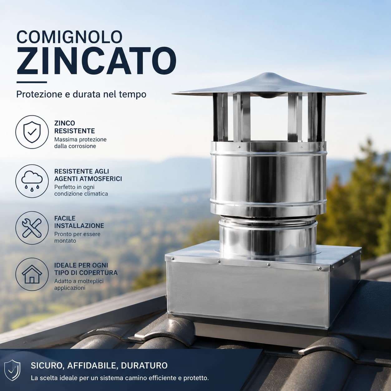 MAKA Comignolo Antivento Base Quadra, Terminale per Canna Fumaria Camino Stufa a Legna Pellet e Gas, Cappello Antipioggia Aspirafumo Base Quadra (300x300 mm - Zincato)