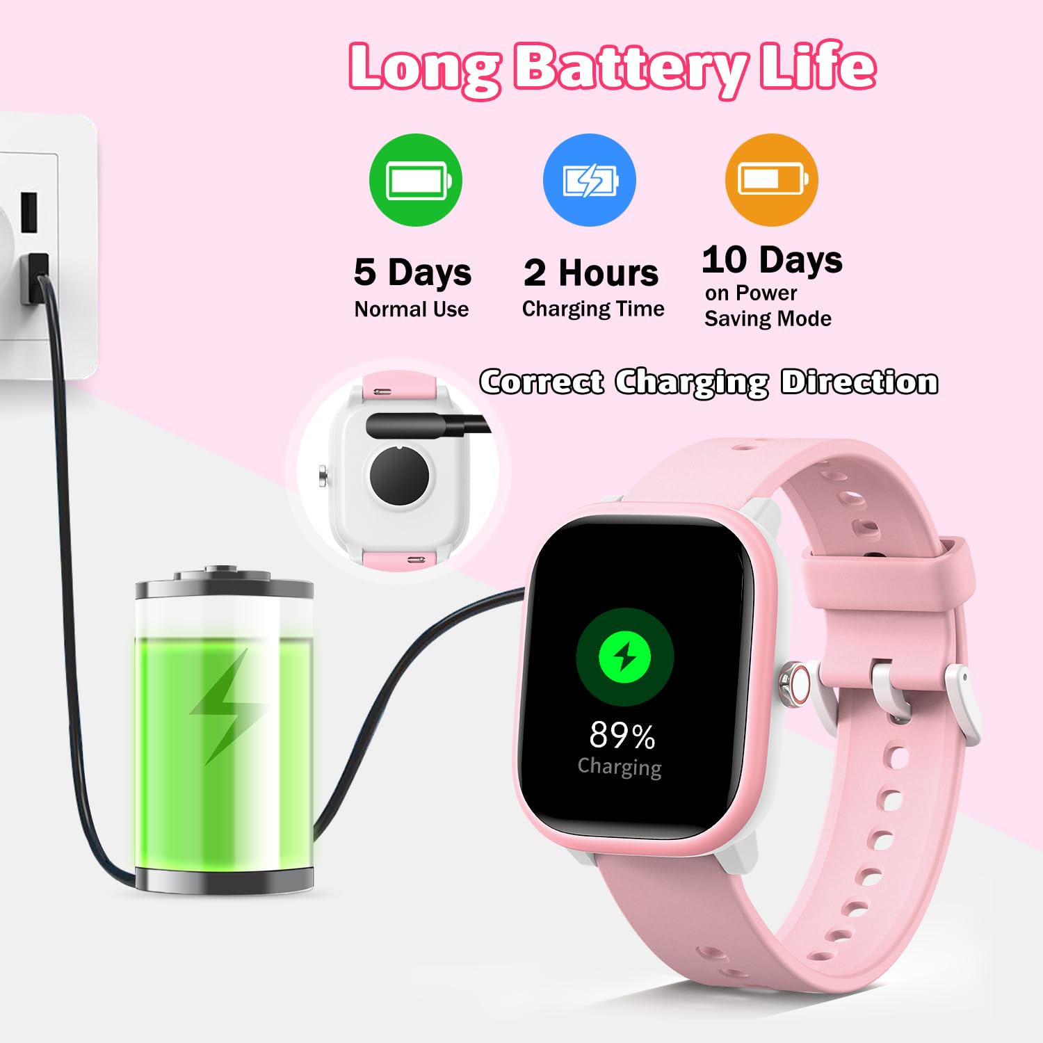 Fikami Montre Intelligente pour Enfants Filles garçons Pas d'APP Pas de téléphone nécessaire, 1,83" Fitness Tracker Sport Montre, fréquence Cardiaque,Compteur de Pas,16 jeuxpour Filles garçons 6-16