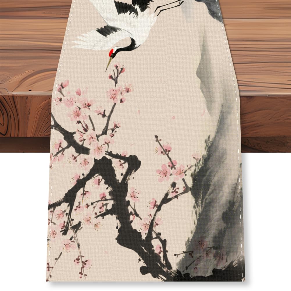 WADORN Traditional Asian Nature Landscape Table Runner, 13x72 Inch Japanese Sakura Cranes Aesthetic Kitchen Dining Table Decoration Vintage Seasonal Tables Runners for Kitchen Holiday Party Supplies
