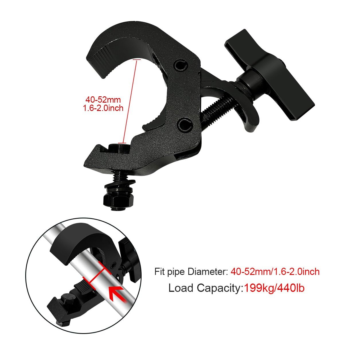 4Pack Heavy Duty Truss Clamp Hook,440lb Load Capacity Aluminum Alloy DJ Light Black Clamps, 1.6-2.0Inch Truss for Stage DJ Lighting Projector Par Lights Spot Lights