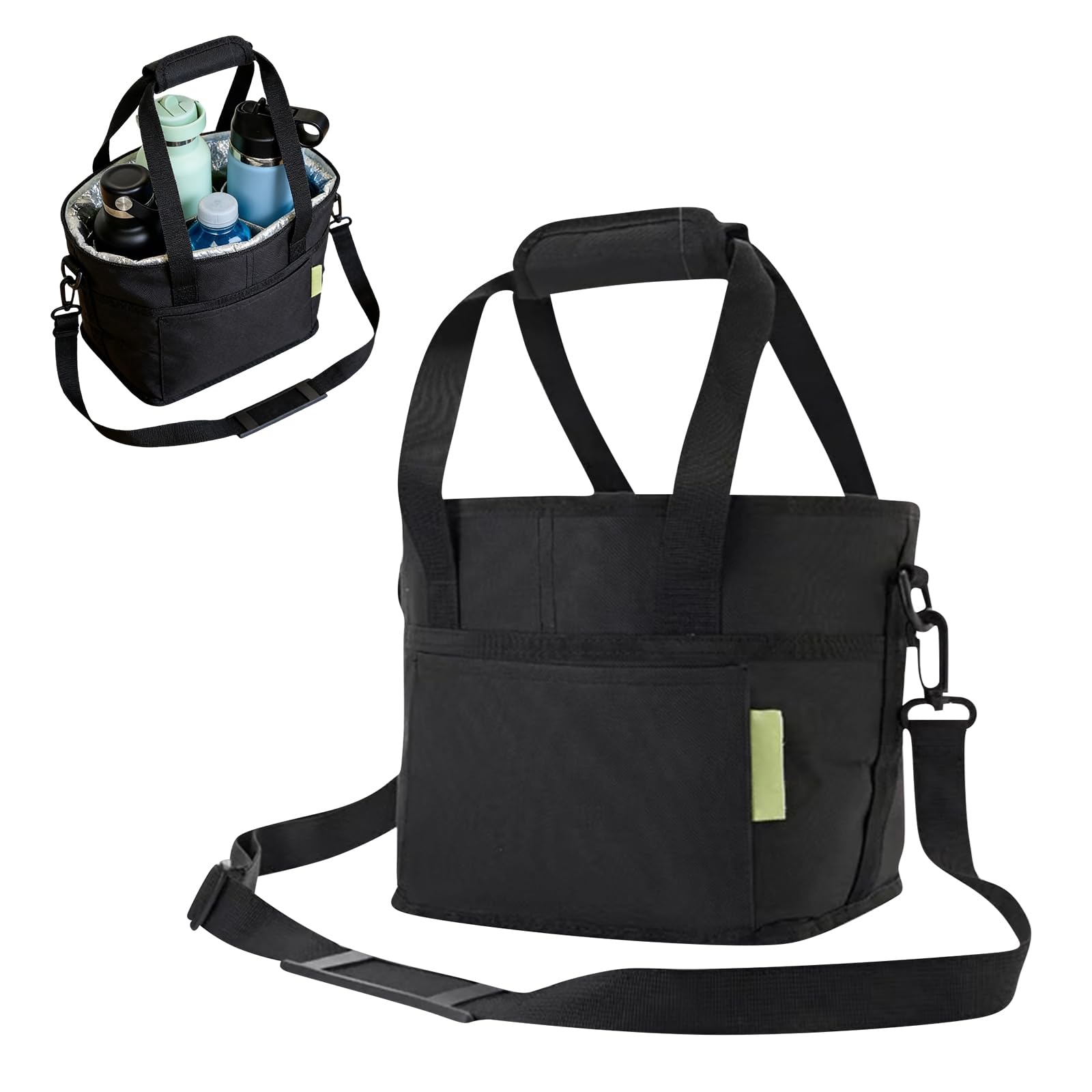 Family Size 4 Compartment Drink Bag, Multiple Tumbler Carrier Caddy with Adjustable Strap, Insulated Drink Bottle Carriers for Hiking Sports Family Outings (Black)