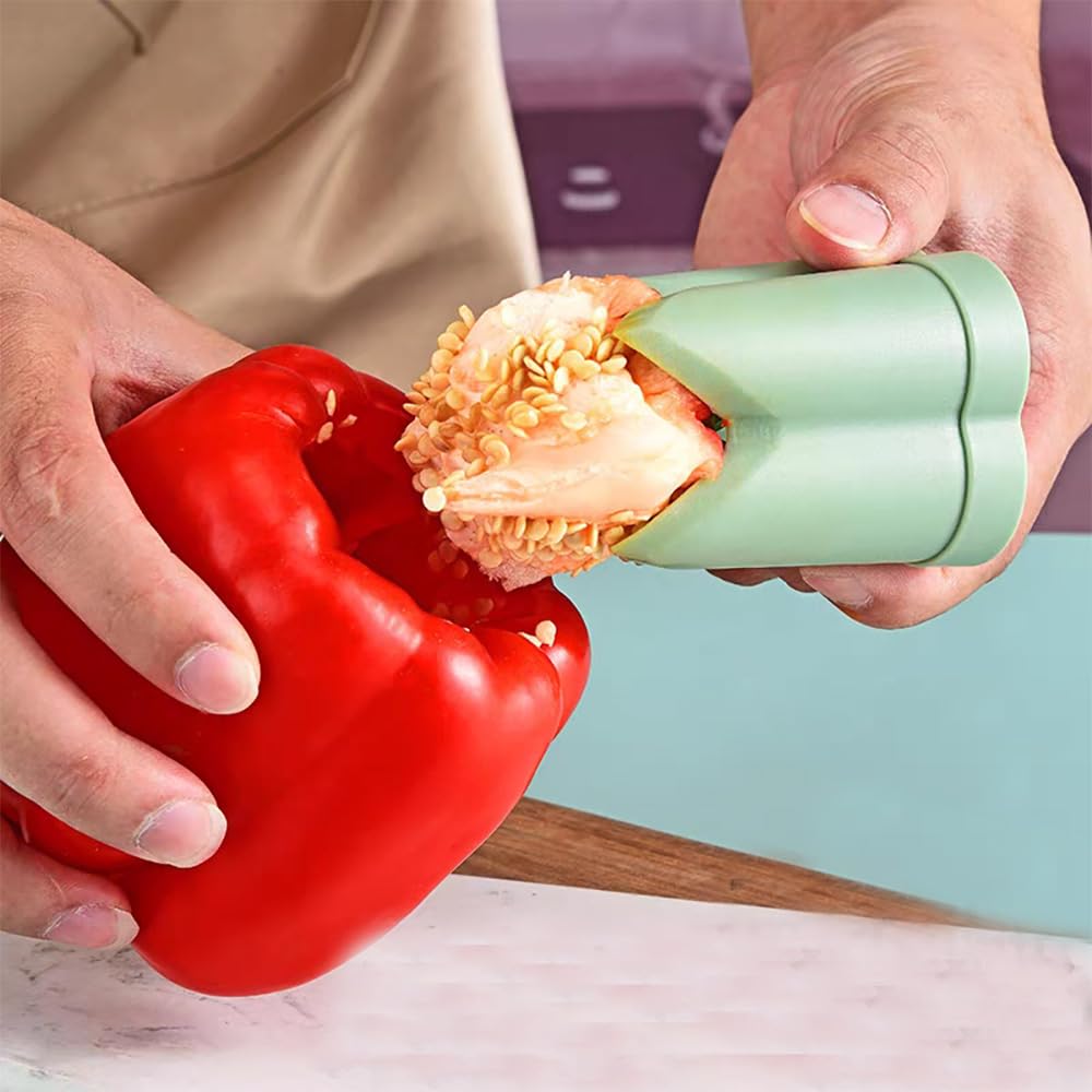 Descorazonador de Pimientos 2 en 1 Removedores de Semillas de Pimiento Herramienta para Quitar Semillas para Cocina Hogar Familia Camping (Verde)
