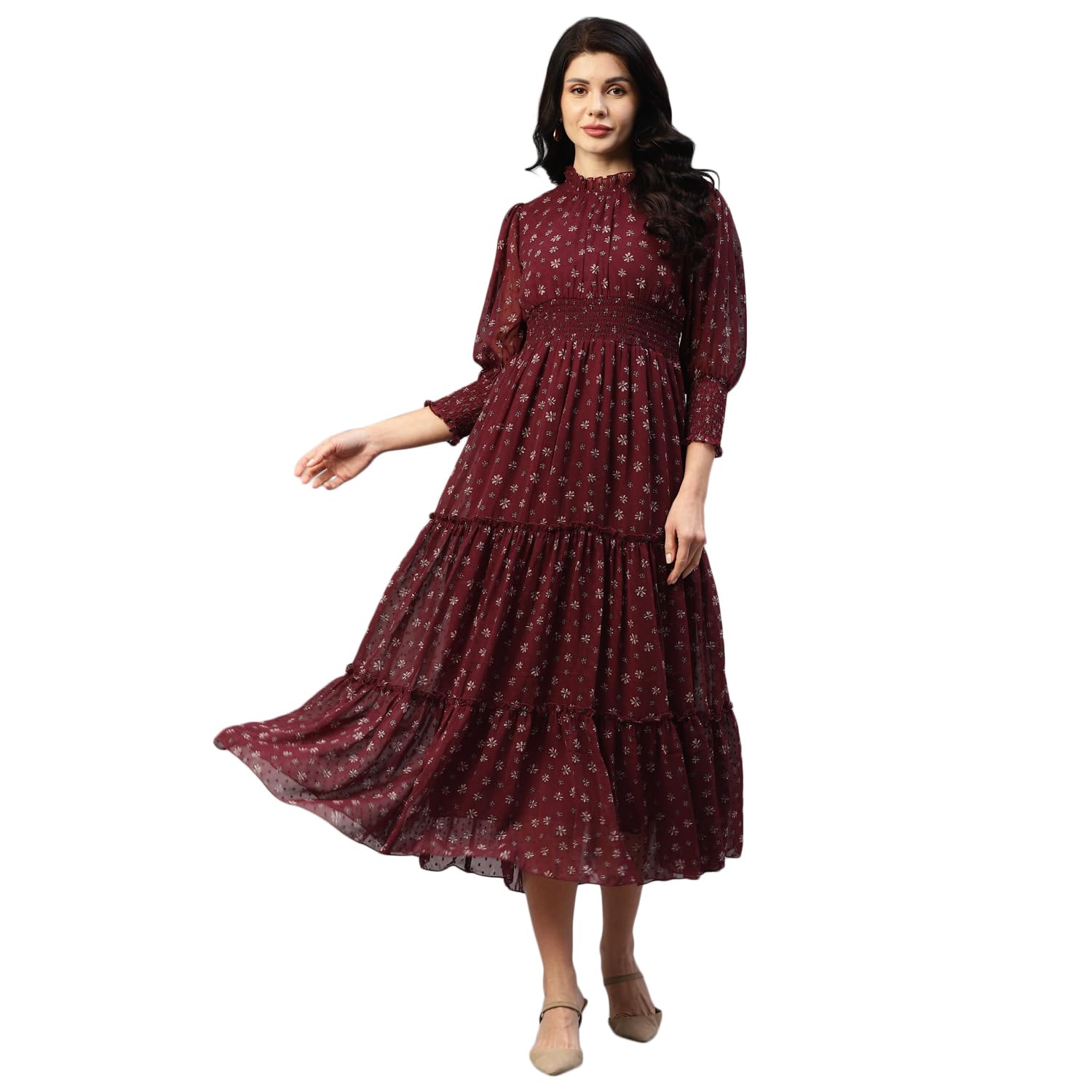 deebaco Women's Floral Georgette Fit and Flare Midi Dress for Woman Festive Fancy|Casual Trending Stylish Long One Piece Dresses Women Western (Maroon)-picture-48