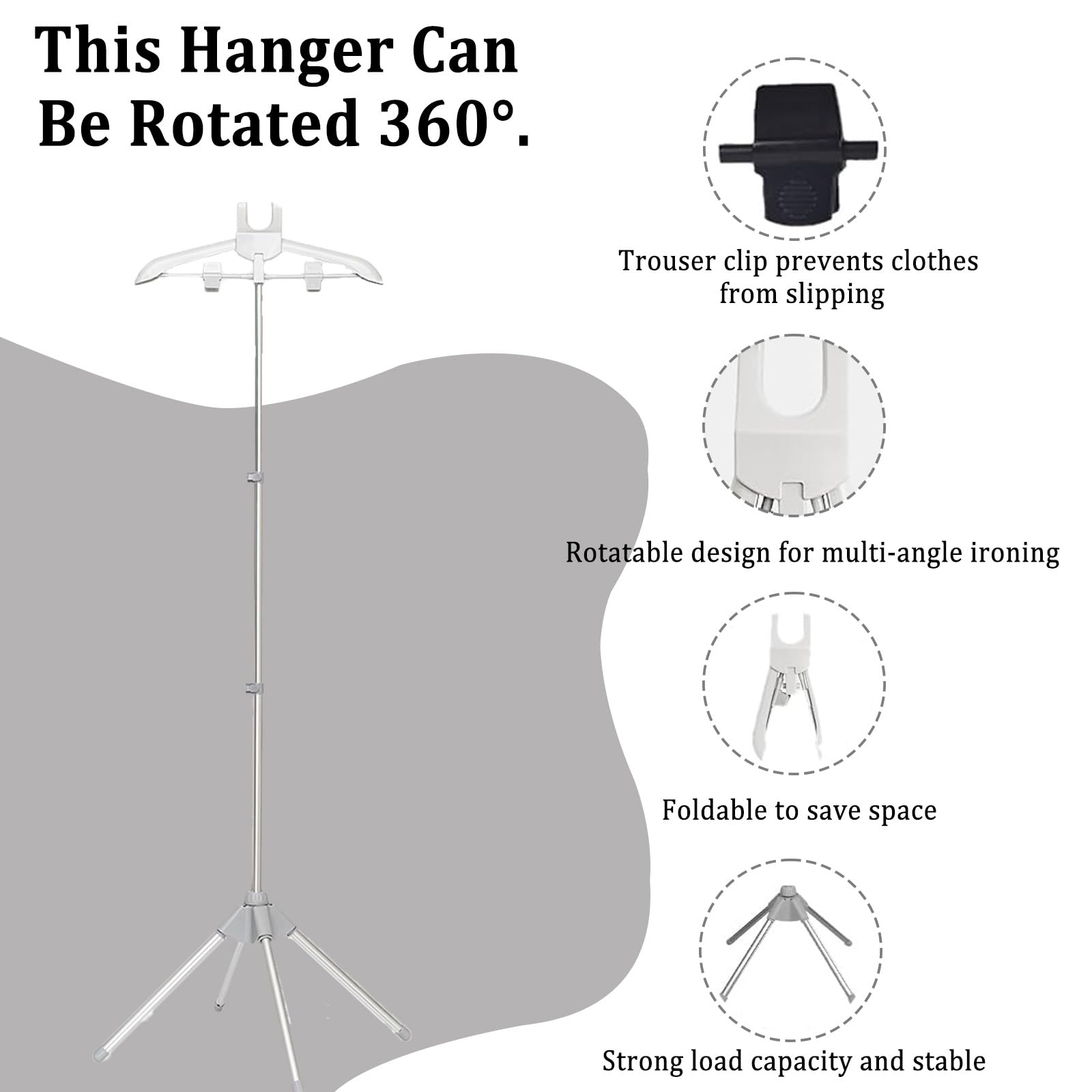 Soporte de Vapor para Ropa Con Plancha de Mano, Guante de Planchado, Trípode Telescópico y Percha (Gris Claro)