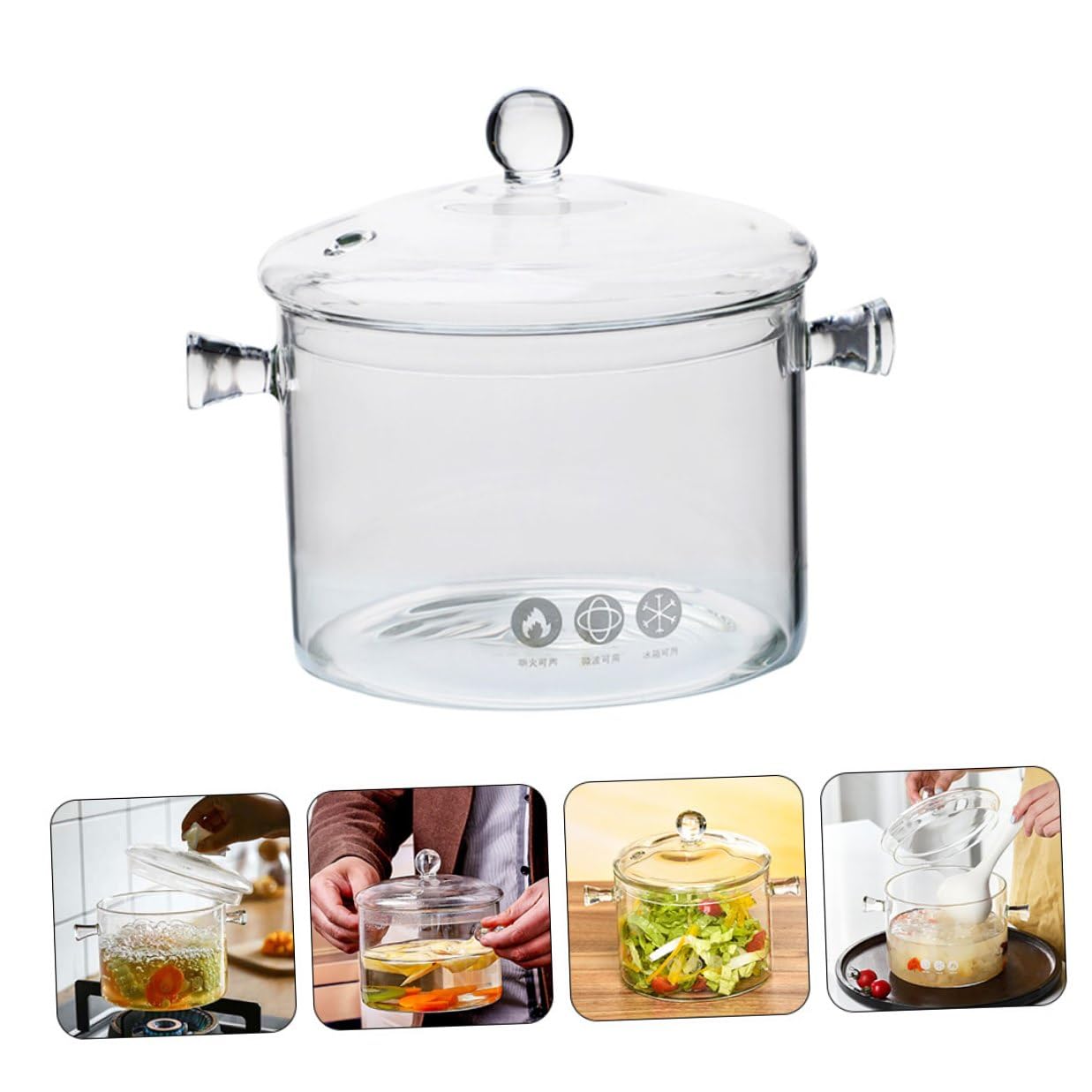 VILLCASE Hitzebeständiger Glas kochtopf mit Deckel und Doppelgriff Transparenter Suppentopf aus Stabilem Glasgeschirr für Vielseitiges Kochen und Einfache Reinigung Mikrowellengeeignet