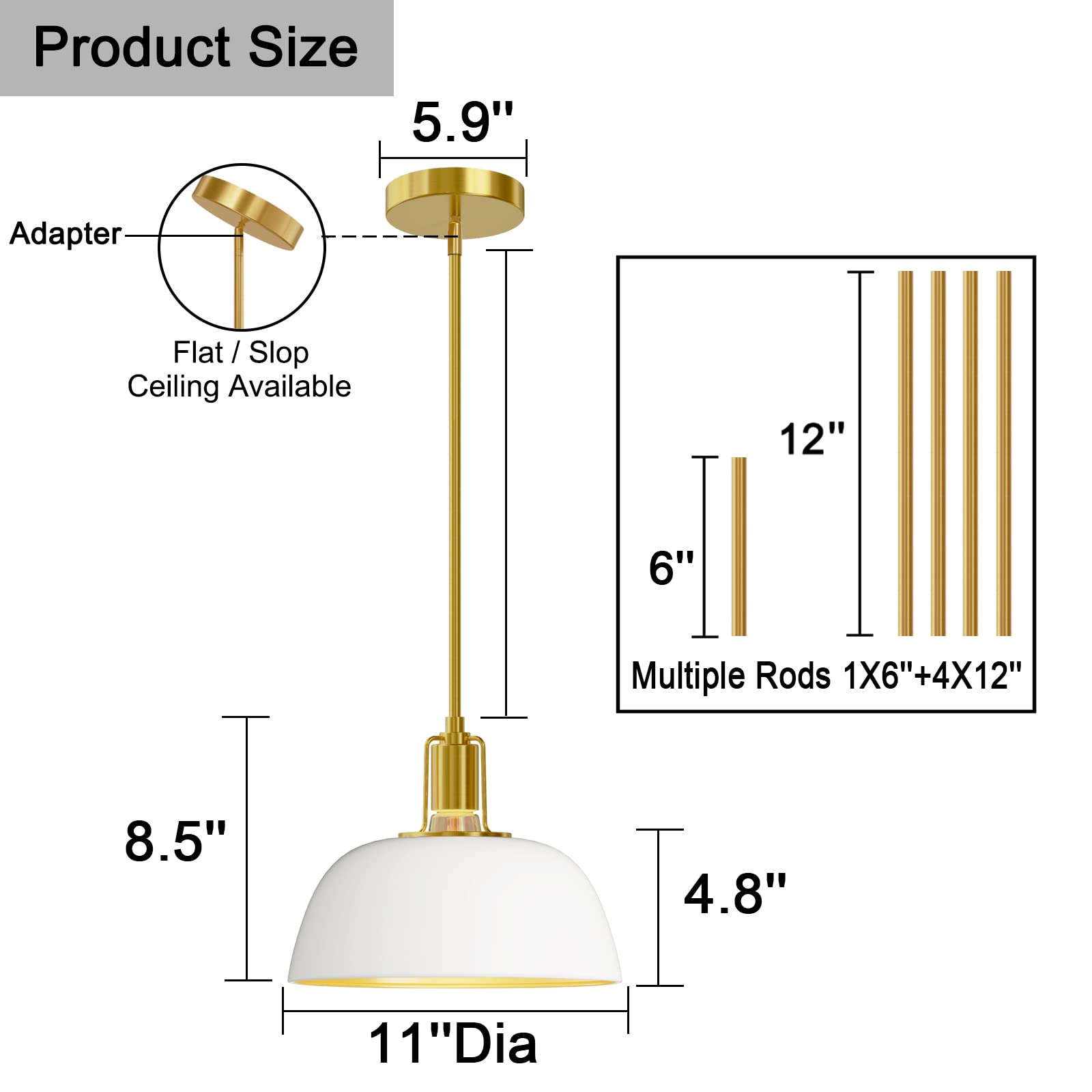 SEOL-Light 11" White Metal Dome Shade Pole Pendant Lighting Fixture with Polished Gold Rod Pendant Kit,E26,2 packs;