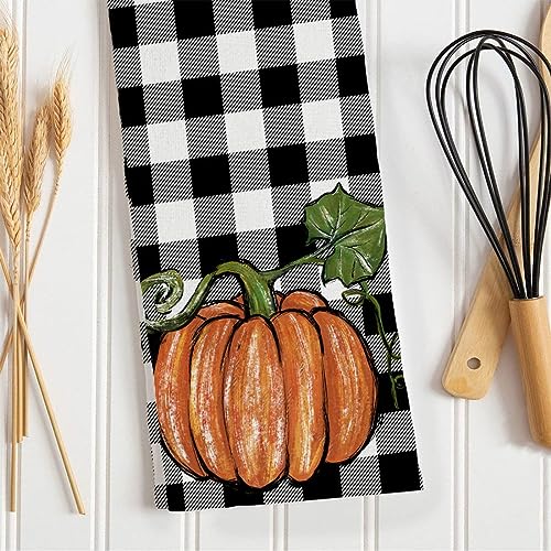 Fall Dish Towels For Fall Decor Watercolor Pumpkin Maple Leaves Kitchen Towels 18X26 Inch Buffalo Plaid Autumn Thanksgiving Ultra Absorbent Bar Drying Cloth Tea Sign Hand Towel For Cooking Set Of 2 #TOP4