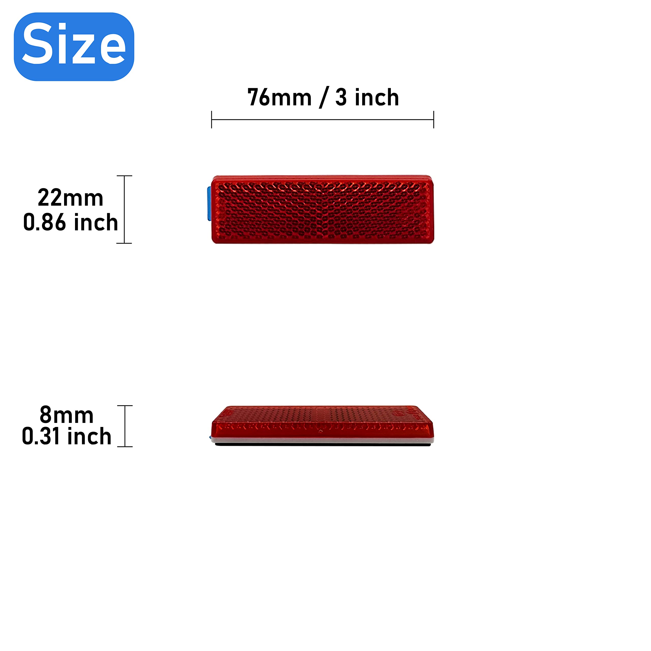 Reflector autoadhesivo rectangular de seguridad impermeable para buzón de entrada, remolque, 76 x 22 mm