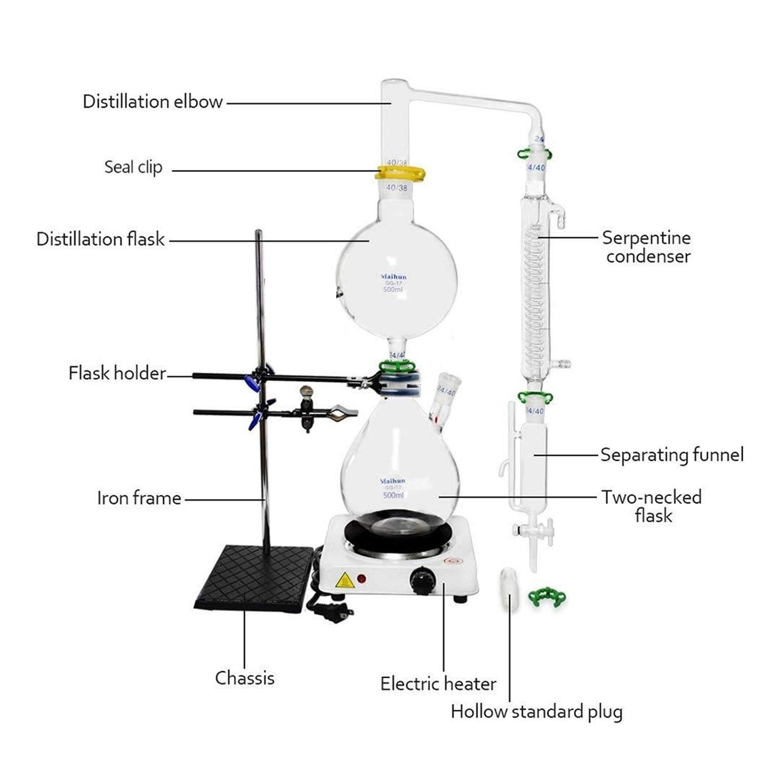 Apparecchio distillamento distillamento, apparecchi per l'estrazione di oli essenziali da 2000ml, vetro Distillazione a vapore Lab Kit bicchieri da laboratorio con stufa a caldo condensatore Graham