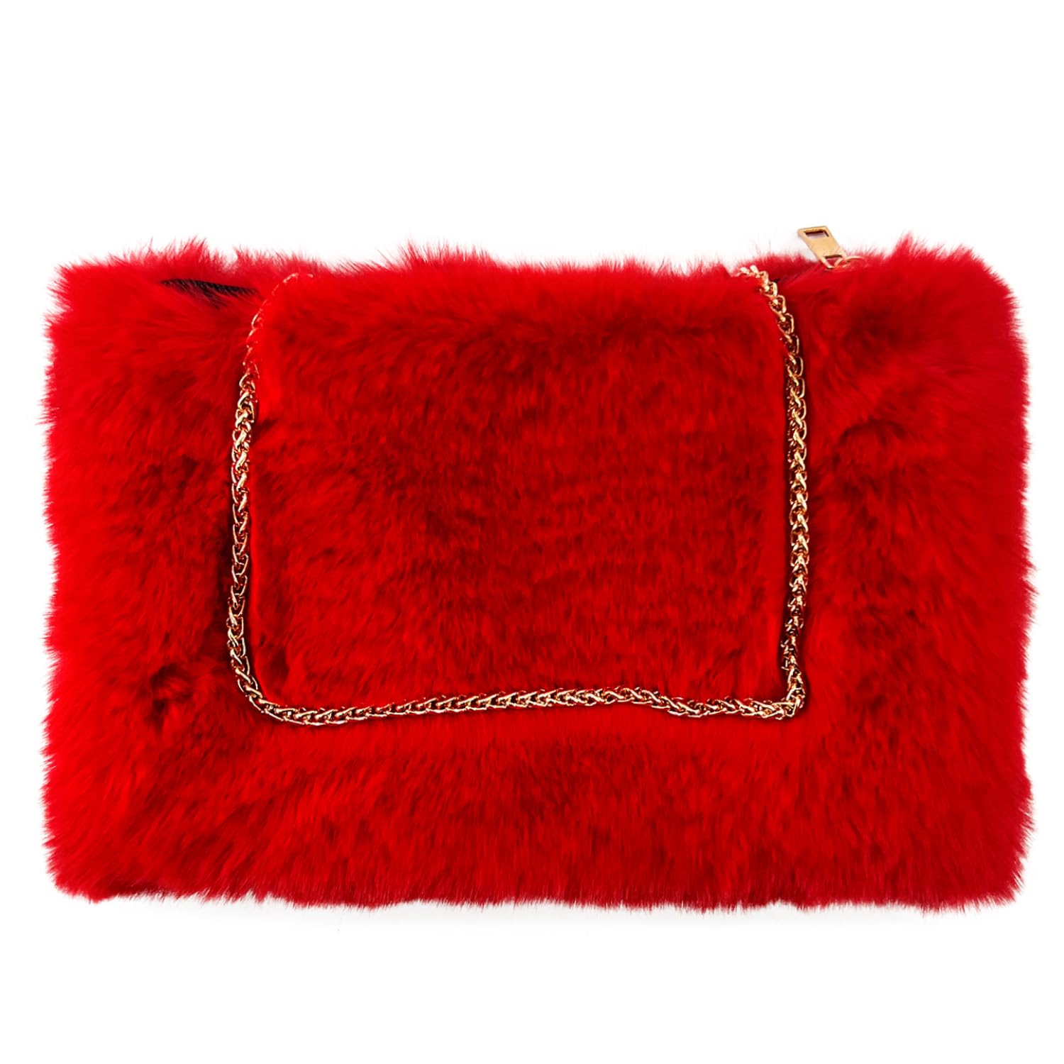 FHQHTH Faux Rabbit Fur Purse Fuzzy Handbags for Women Evening Handbags Al alloy Shoulder Strap [Rabbit Red]