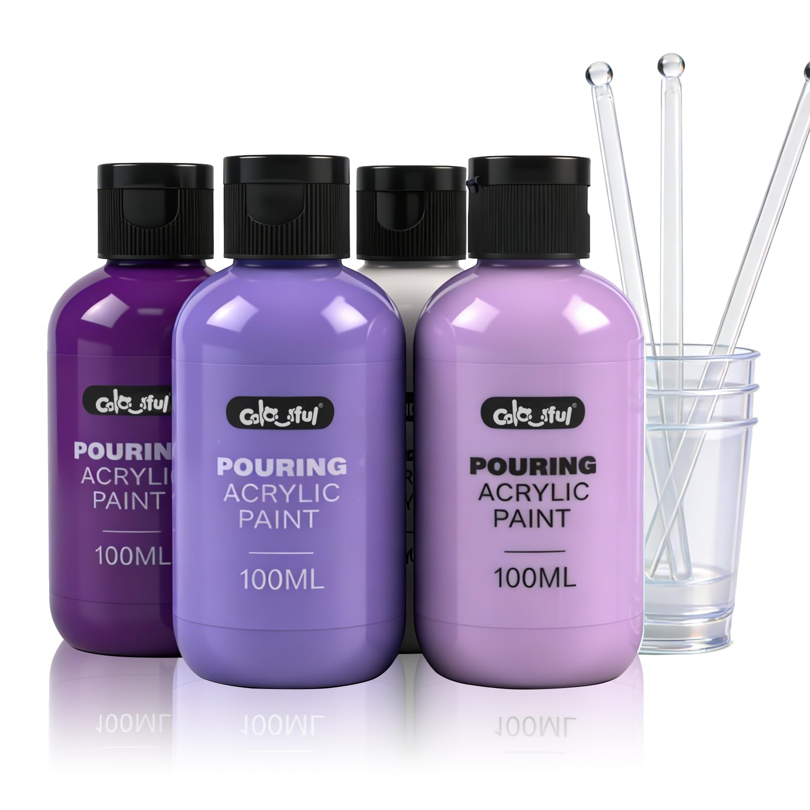 Colorful Purple Series Acrylic Pouring Paint Set, 3.34 oz./100 ml Bottles of 4 Colors with Cups, Sticks & Gloves, Fluid Ready Pour Paints Perfect for DIY Arts and Crafts Projects