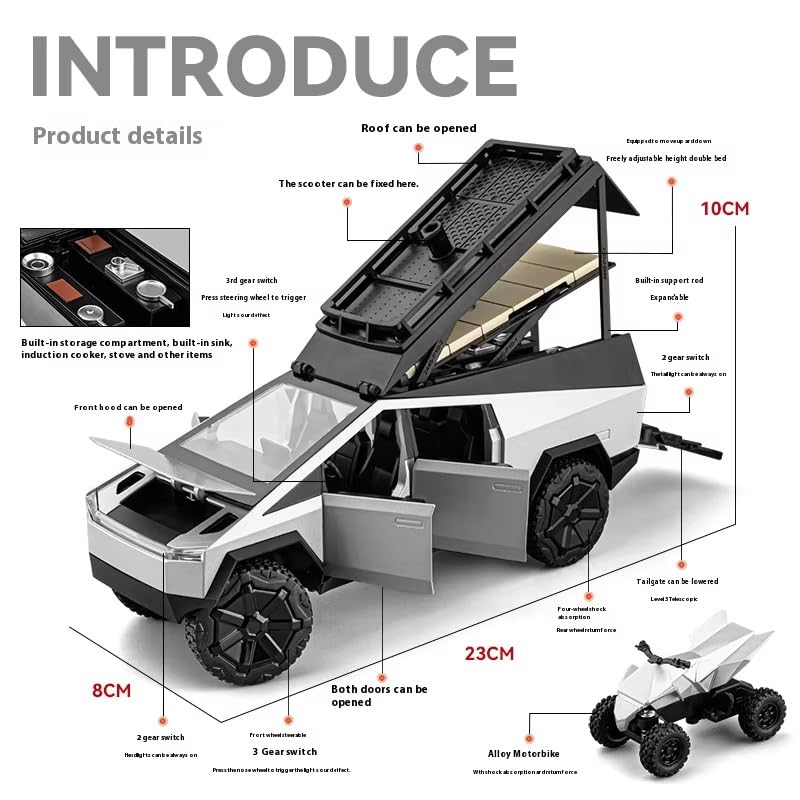 Image of Alokik Enterprise 1:24 Tesla Cybertruck Camping RV Diecast Metal Pull Back Car with 6 Openable Doors with Sound and Light Toy Decoration car Best Gift Toys for Kids 【Colors as Per Stock】