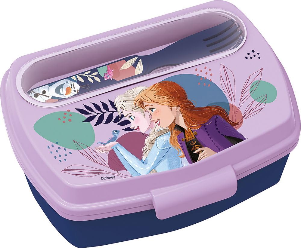 Tataway in viaggio si cresce Disney Sandwich Box Blue for Girls Plastic Frozen Elsa Anna and Olaf with Spoon and Fork, Light Blue