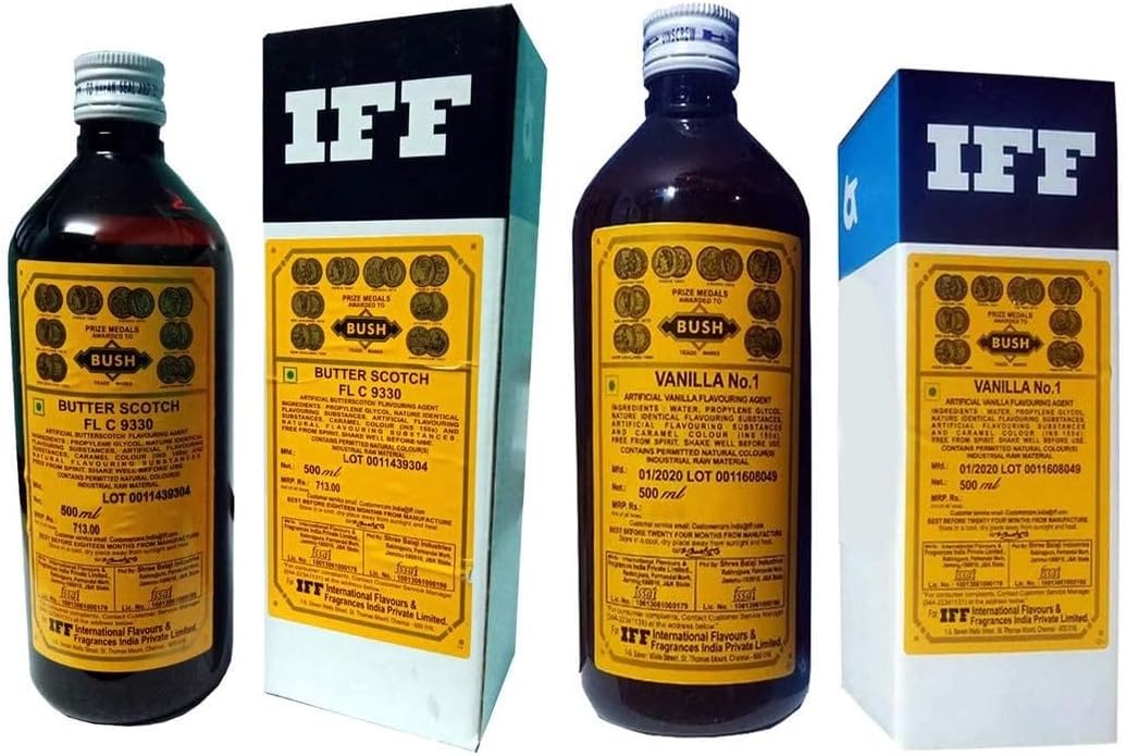 Sandi Foods- IFF,Bush- Butter Scotch and Vanilla No.1 Food Flavour Essence 500 ml for Baking Cake, Chocolates, Sweets, Desserts, Icecreams, Cake Crushes, Jellies etc ( Pack of 2)
