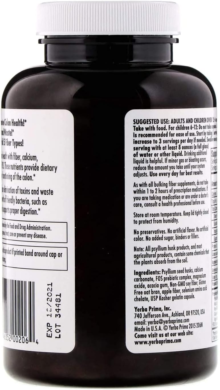 Yerba Prima Prebiotic Colon Care Capsules Dietary Fiber, 180 Count, (Pack of 2) : Health & Household