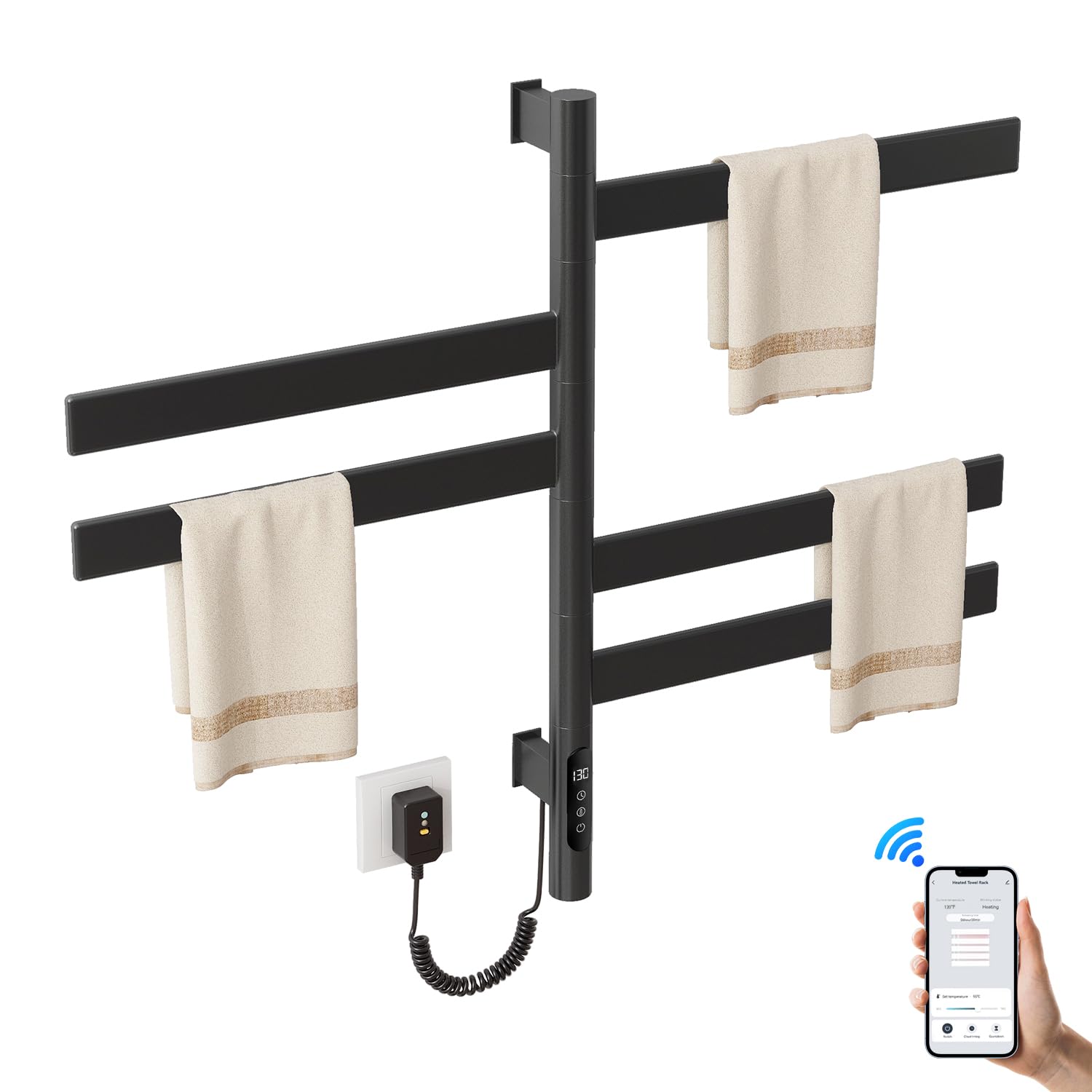 MYACUC Smart Heated Towel Rack, Black, Stainless Steel, Wall-Mounted, 16.46