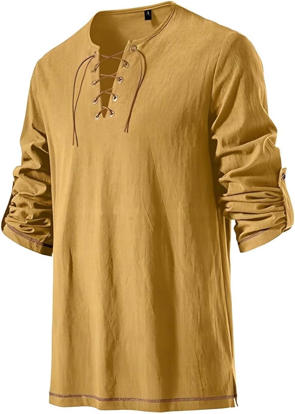 Men's Lace Up Medieval Tunic Long Sleeve Stand Collar Loose Fit Shirts Vintage Renaissance Pirate Costume Tops