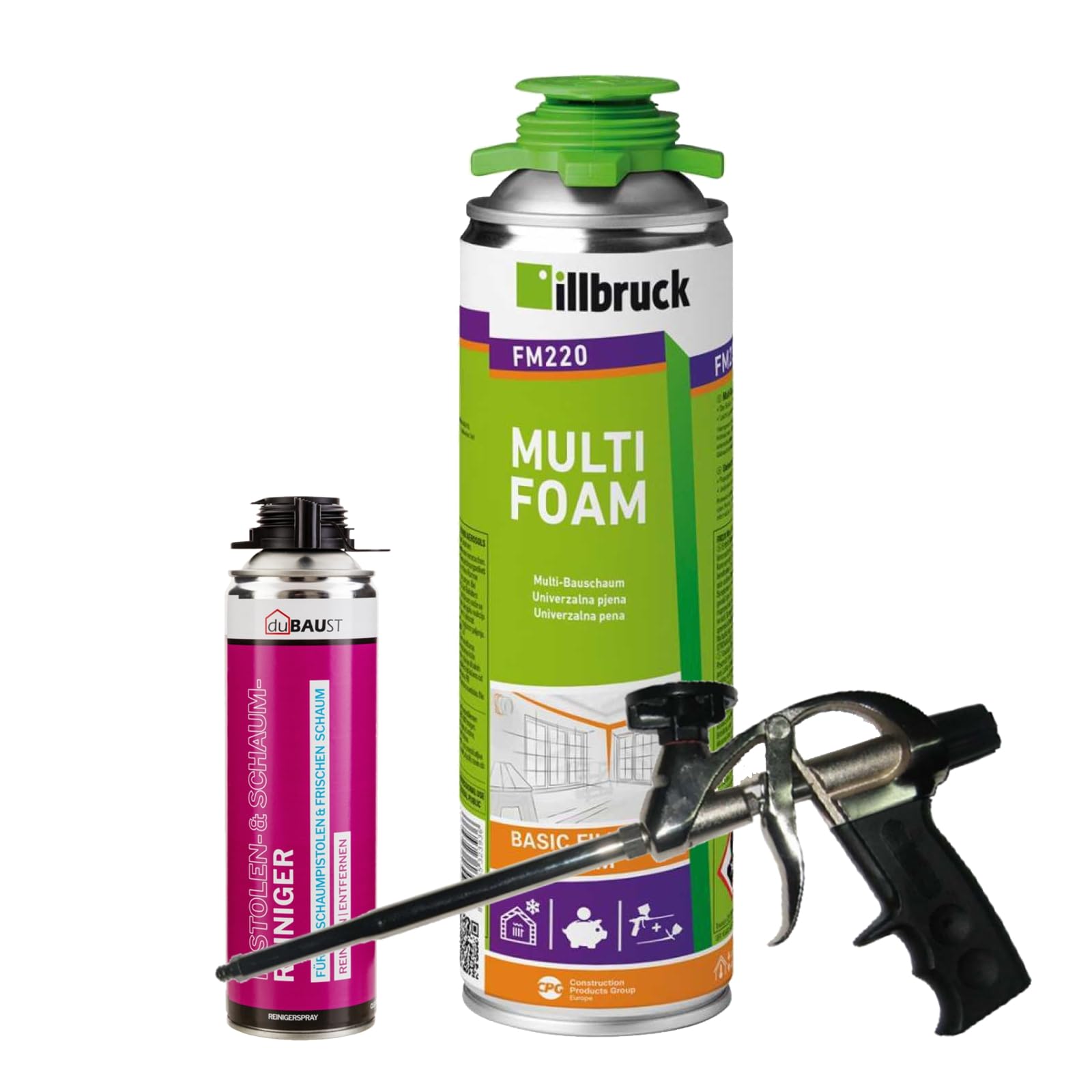 FM220 Bauschaum Montageschaum Pistolenschaum Multischaum Fensterschaum hohe Schalldämmung Wärmedämmung 500ml Kombisets (mit Reiniger AA290 + Schaumpistole Profi Teflon, 1x 500ml)