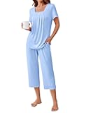 Pajama Set for Women Short Sleeve Top With Capri Pants Pjs 2 Piece O Neck Loungewear Soft Sleepwear with Pockets