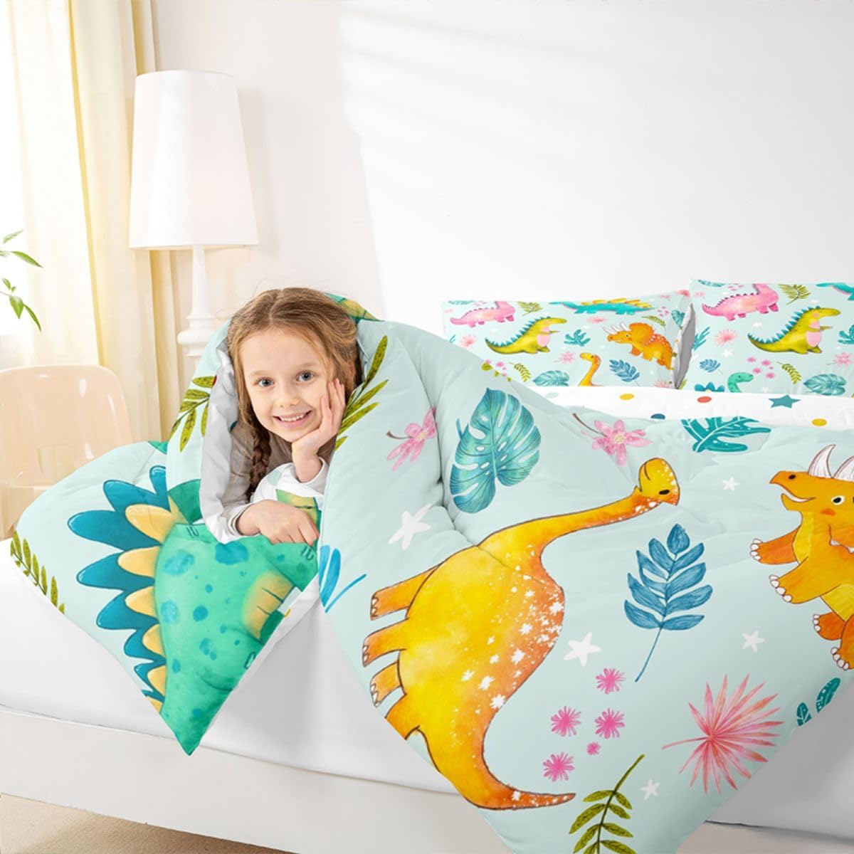 Erosebridal Toddler Dinosaur Bedding Set Twin Rainbow Tie Dye Comforter Set Colorful Dino Print Bedding Comforters & Sets Pink Dandelion Duvet for Girls Green Baby Tyrannosaurus Quilt Comforter, Teal