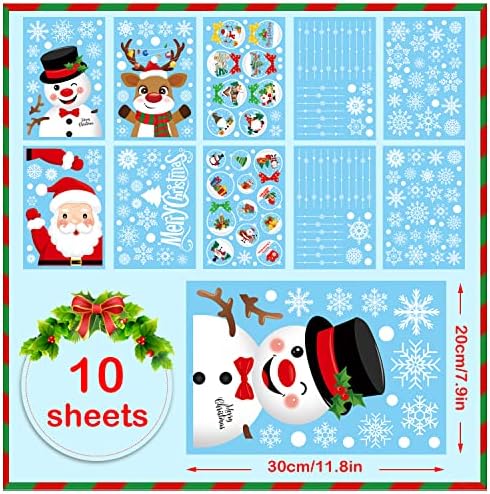 Christmas Window Stickers Large 237Pieces, Christmas Decals for Glass Reusable Double Sided Self Adhesive Window Decorations PVC Window Clings for Xmas Winter Decorations, 10 Sheet