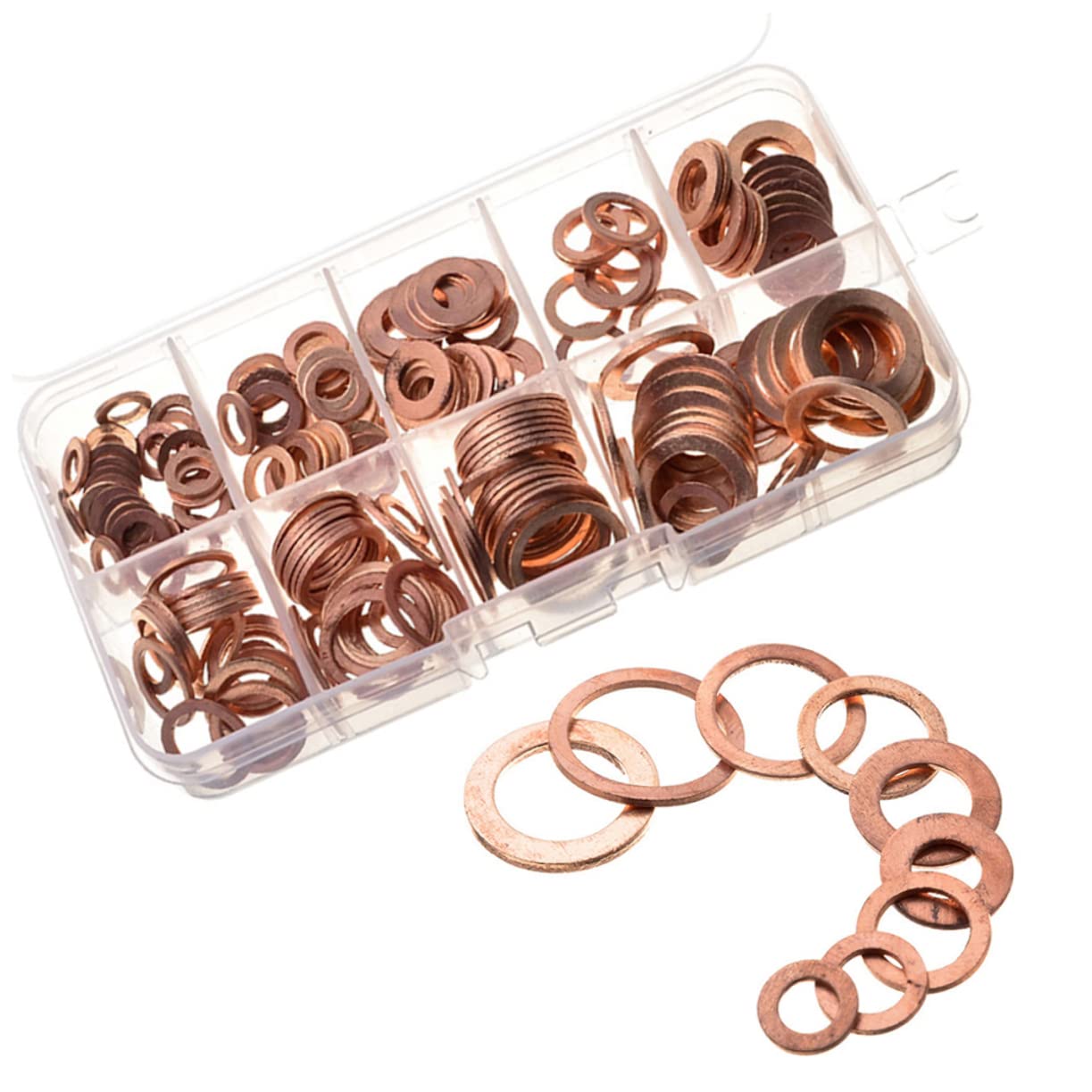 DECHOUS 200Pcs Copper Washer Assortment Set Oil Drain Plug Gaskets for All Engine Types Quality Metric Sealing Washers Compact Case for Car and Machinery Use