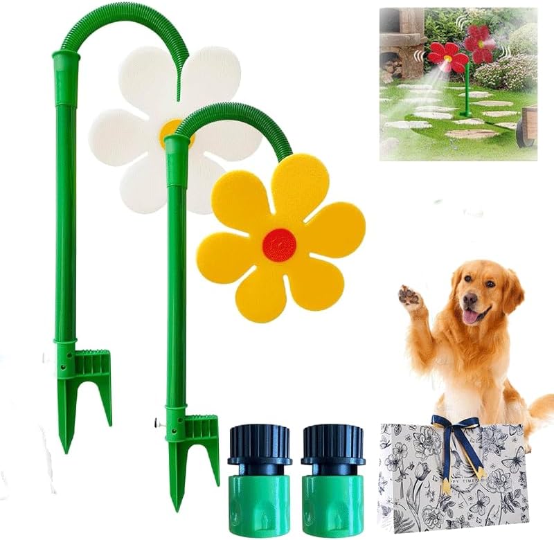 2PCS Crazy Dancing Daisy Sprinkler, 360 Rotatable Flower Sprinklers, Daisy Sprinkler for Dogs, Garden Sprinkler Stake with Adapter, Irrigation Tool for Yard Watering Pets Playing (White+Yellow)