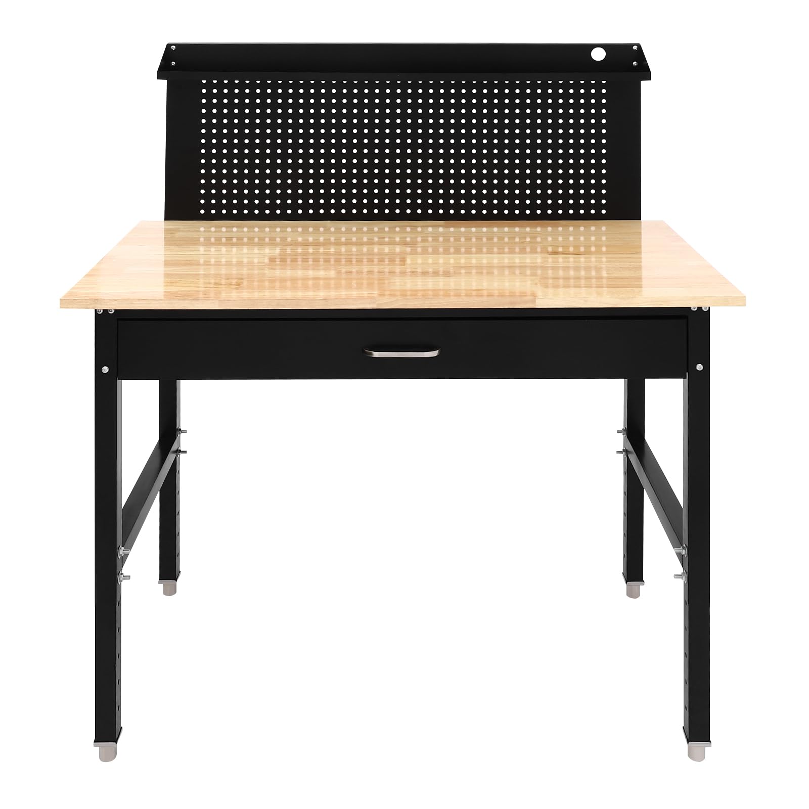 Banco de trabajo de altura ajustable, capacidad de 2000 libras, mesa de madera de caucho resistente con tablero de clavijas y cajones para carpintería, taller