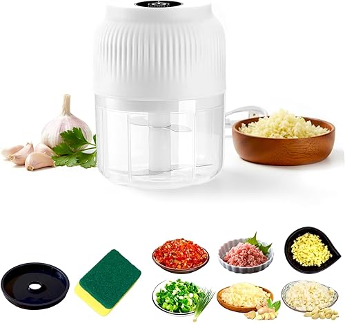 Picadora eléctrica de ajo de capacidad de 10.1 fl oz, mini cortador de verduras portátil, 4 cuchillas afiladas de acero inoxidable, mini picadora