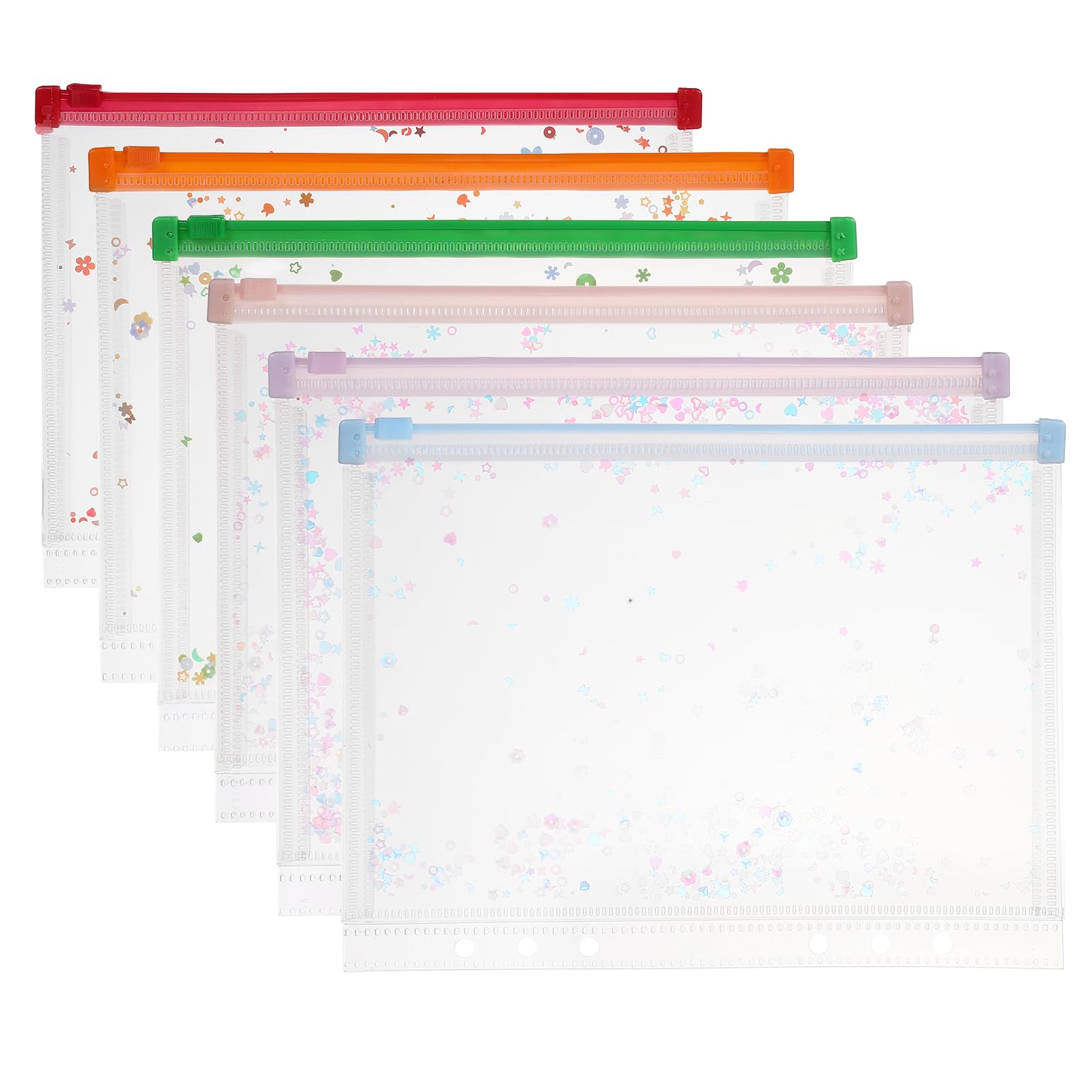 PATIKIL 6Pcs A5 Plastic Binder Zipper, Binder Pockets 9 x 7 Clear Envelope Folders Planner Waterproof Pouch Filing with Sequin Decor for Document Notebook Card Organizer, 6 Colors