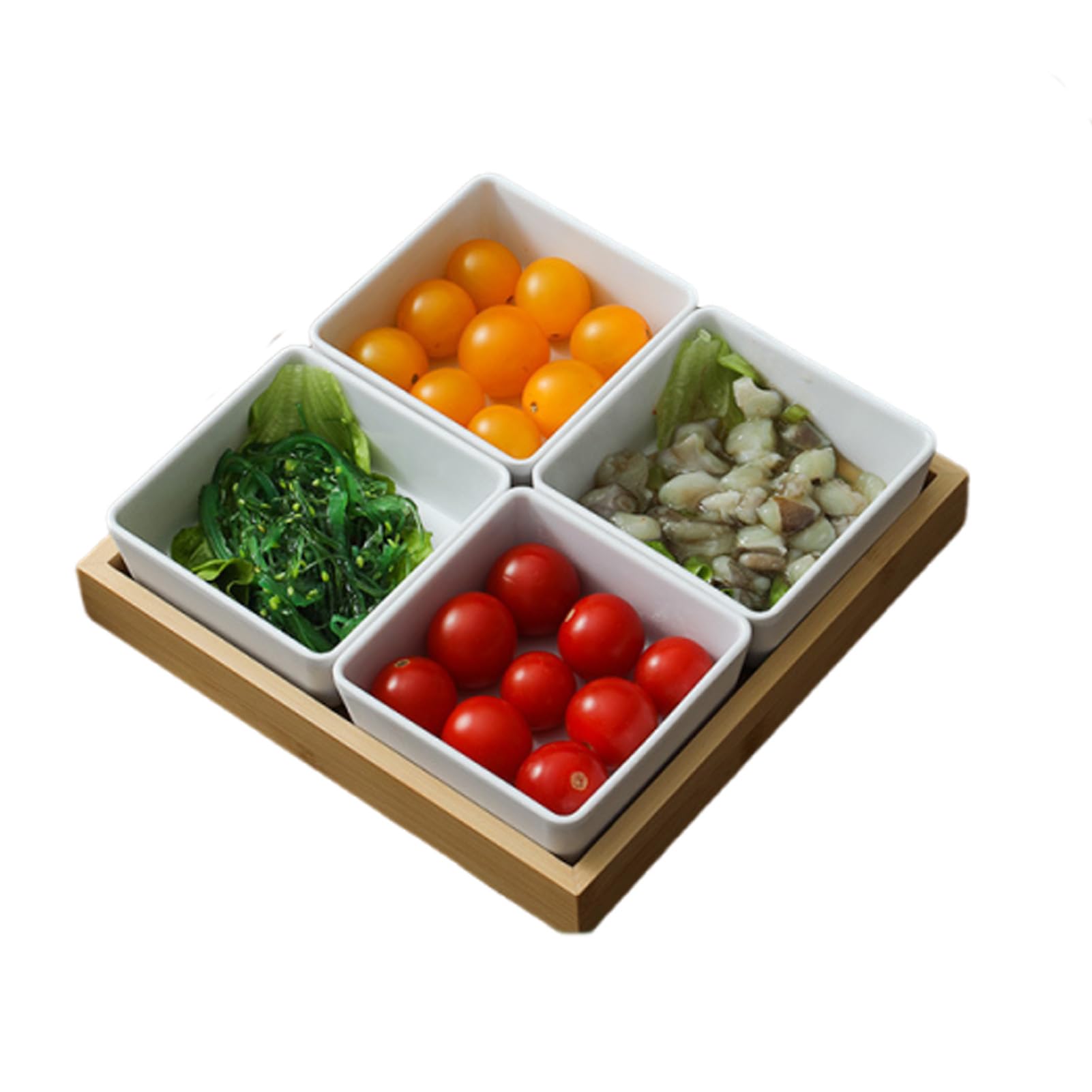 Dxcaicc One Color Ceramic Dipping Serving Saucers With Wood Tray, Kitchen Dinnerware Dessert Dishes For Snack,Mini Appetizer Plates Sets,A