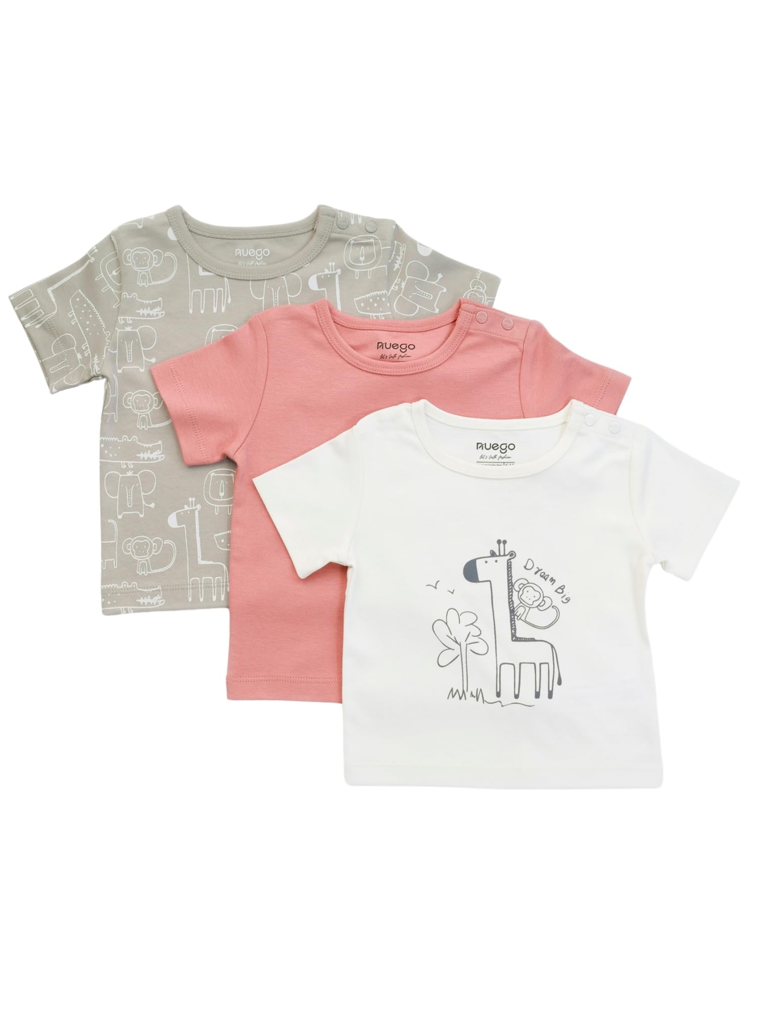 NuegoMultipack Baby Boys Cotton T-Shirt Set, Half Sleeves, Round Neck Tees for Newborn Baby Casual All Over Animal Printed Tshirt for Infant Boy 0-24 Months (Grey, Pink, White) - Set of 3