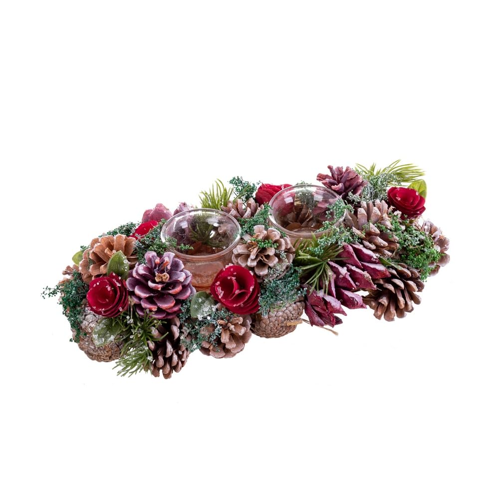 LOLAhome Centro de Mesa de Navidad para 2 Velas de Cristal Rojo con piñas de 31x14x8 cm