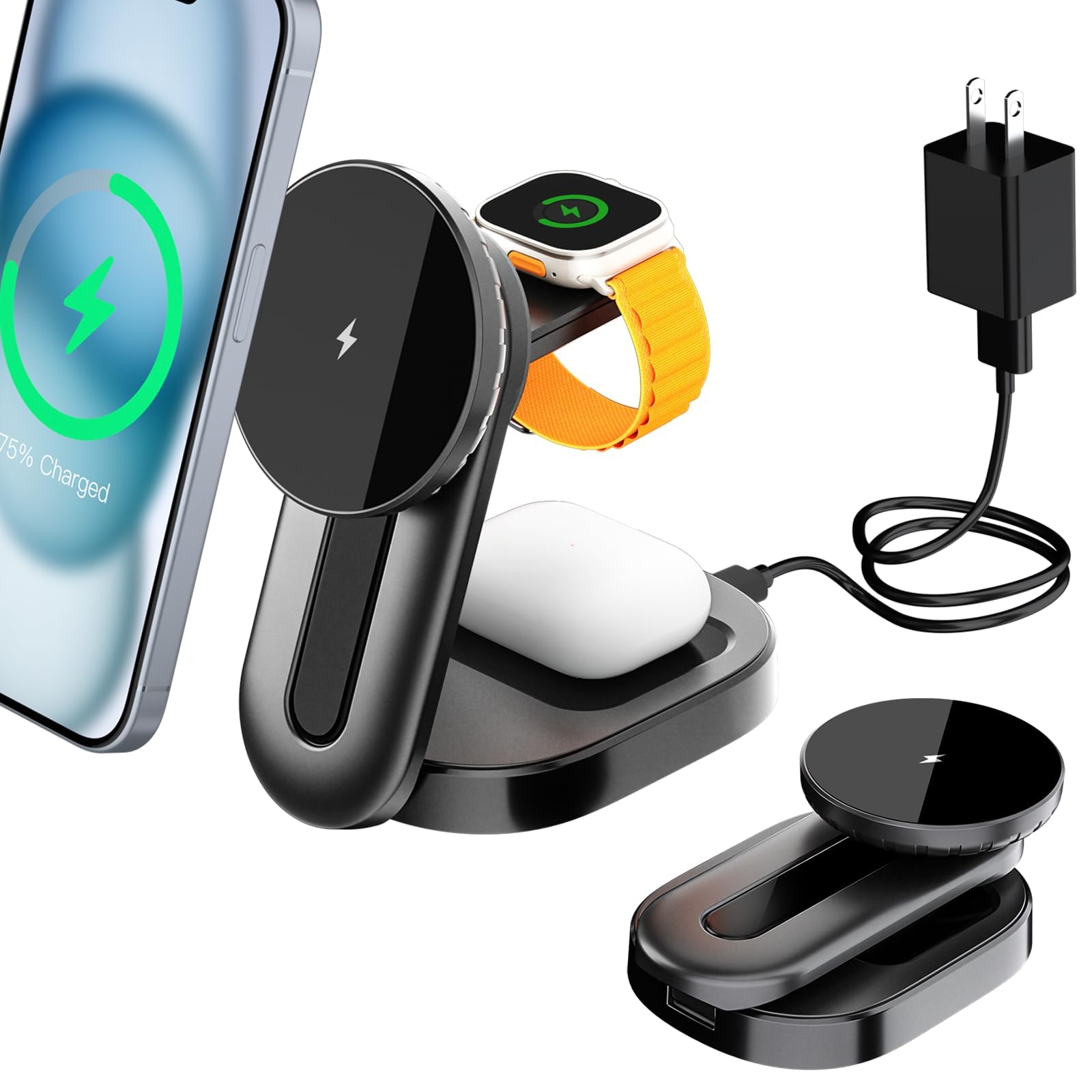 3 in 1 Foldable Wireless Charging Station for Apple Mag-Safe, Magnetic Wireless Charger Stand for Multiple Devices,Travel Charging Dock for iPhone 15 Pro Max Plus/14/13/12/Mini/iWatch/AirPods, Black