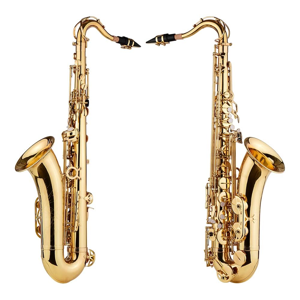 Sassofono tenore in Sib, corpo in ottone, strumento a fiato con finitura laccata oro, include custodia per il trasporto, guanti, panno per la pulizia, spazzola e tracolla
